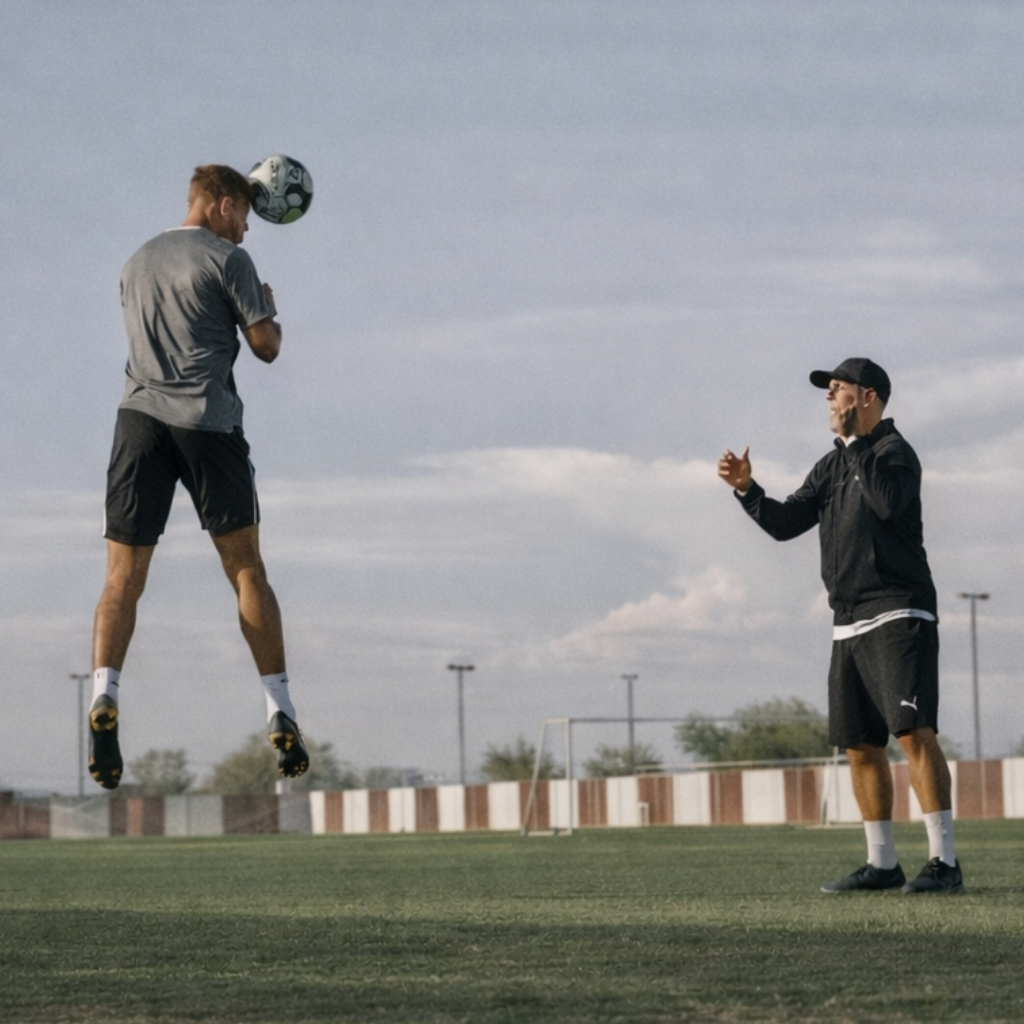 1 on 1 training session during private soccer training in Scottsdale with coach giving live instruction as player heads the ball