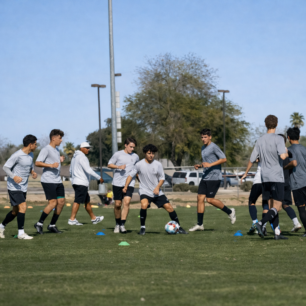 Seasonal private soccer training in Scottsdale Arizona with players participating in structured group drills